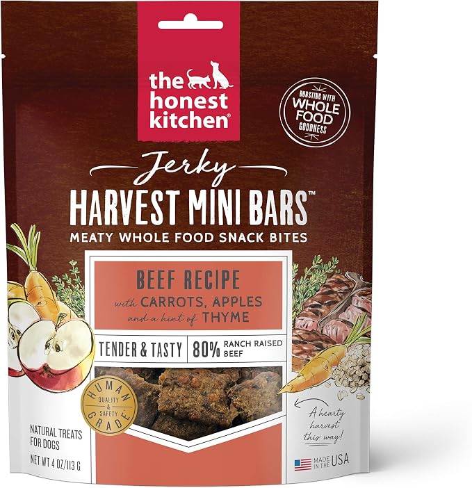Human Grade Dog Food Jerky Harvest Mini Bars: Beef Recipe With Carrots & Apples, 4 oz Bag