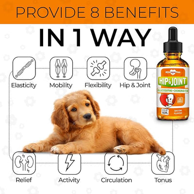 Glucosamine for Dogs + Chondroitinin in Liquid Form – Hip & Joint Supplement for Dogs to Care for Muscular System – Effective Dog Health Supplies with Natural Bacon Flavor – All Breeds Support – 2 oz