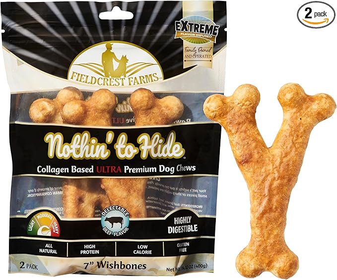 Fieldcrest Farms Nothin' to Hide Collagen-Based Dog Chews, Wishbone, Beef Flavor, Ultra-Premium, for Dogs Over 50lbs, Easily Digestible, Supports Skin, Coat, Joints & Muscles, 7-Inch, 2 Pieces