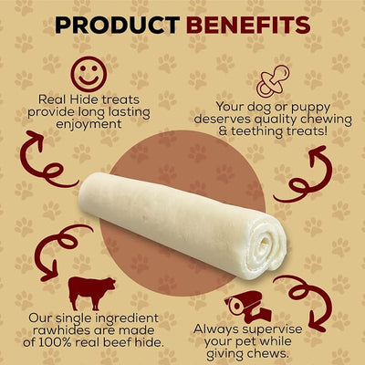 Real Hide | All Natural Dog Chew Treats - Premium Rawhide Rolls, 5-6 Inch - Long Lasting Grass Fed Free Range Beef Hide - Small/Medium Dogs - 16 Count
