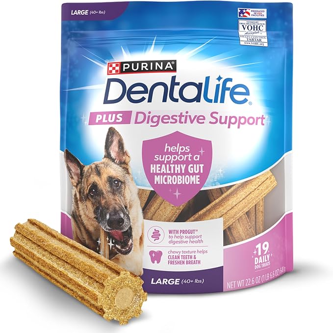 Plus Digestive Support Dog Treats for Large Dogs 40 lbs. and up, Cleans Teeth, Freshens Breath, & Supports Healthy Gut, Chicken & Pumpkin Flavor, 22.6 oz., 19 Chews - 19 ct. Pouch