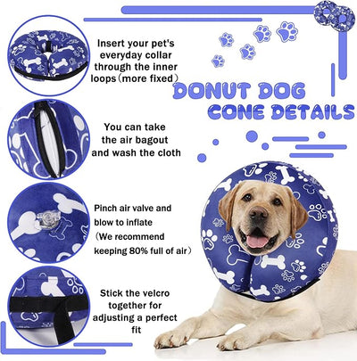 Recovery Donut Collar for Dogs & Cat,Inflatable Dog Cone Collar Alternative After Surgery,Soft Cone for Large Medium Small Dog,Adjustable Pet Neck Donut(Darkblue Bone,Small