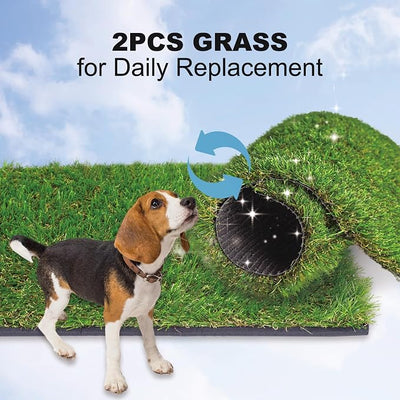 HQ4us Dog Grass Pad with Tray Medium 31”×21” Dog Litter Box Toilet with 2×Artificial Grass for Dogs with Hemmed Edge, Pee Pads for Dogs, Realistic, Less Stink, Potty for Balcony