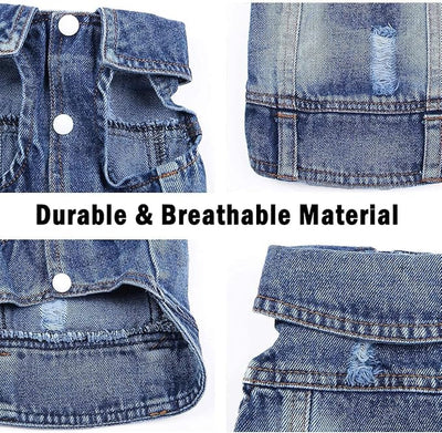 Jean Jacket, Puppy Blue Denim Lapel Vest Coat Costume, Dog T-Shirt Clothes, Cool and Funny Apparel Outfits, Machine Washable Pet Outfits for Small Medium Dogs Cats (XS)