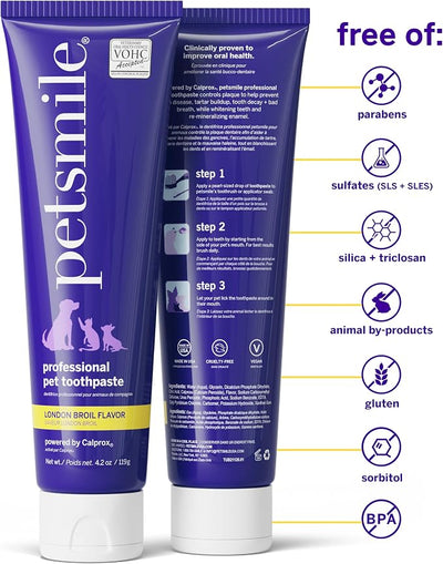 petsmile Professional Pet Teeth Brushing Kit for Cats & Dogs - VOHC Accepted Toothpaste & Patented Toothbrush - Proven to Control Plaque & Tartar Calprox Formula (London Broil, 4.2 Oz)