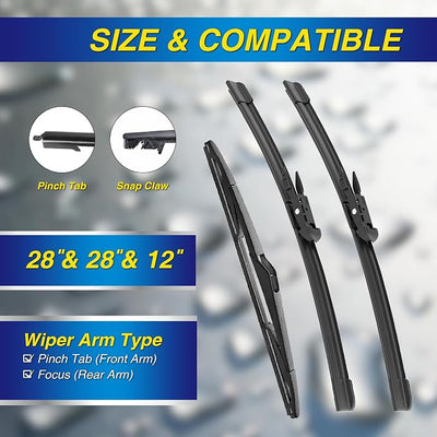 5 PLUS® Silicone Windshield Wipers Replacement for 2012 2013 2014 2015 2016 2017 2018 Ford Focus Wiper Blades(Set of 3),Automotive Replacement Windshield Wiper Blades For My Car-28"/28"/12"