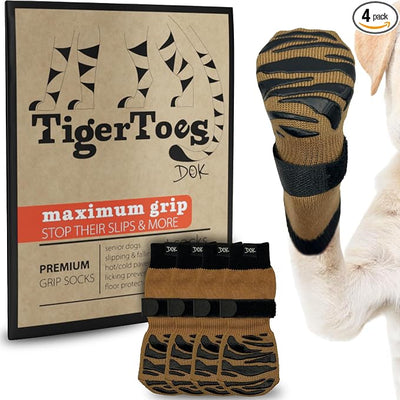DOK TigerToes Premium Non-Slip Dog Socks for Hardwood Floors - Extra-Thick Grip that Works Even When Twisted - Prevents Licking, Slipping, and Great for Dog Paw Protection (Cool Caramel, Small)