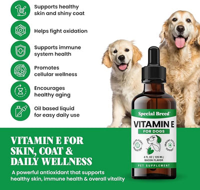 Vitamin E for Dogs Liquid 250 IU - Vitamin E Oil for Dogs Skin and Coat Support - Dog Immune Support Antioxidant Supplement - Bacon Flavor - 60 Servings - 2 oz