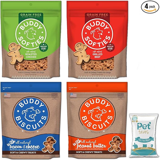 Buddy Biscuits Soft & Chewy Treats for Small & Large Dogs, Grilled Beef, Roasted Chicken, Bacon & Cheese Peanut Butter with 10ct Wipes (2 Grain Free 5oz, 2 Healthy Whole Grain 6oz)