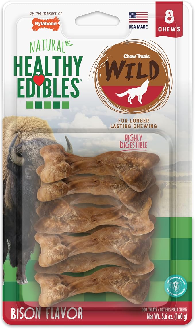 Healthy Edibles WILD Natural Dog Chew Treats for Small Dogs, Long Lasting Dog Healthy Chew Bones Made in USA, Bison Flavor, For Dogs Up to 25 lbs. (8 Count)