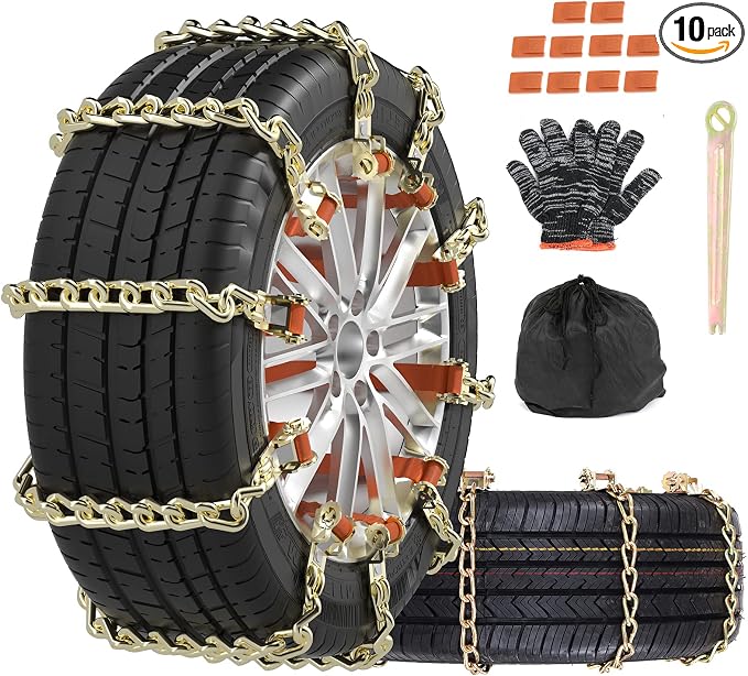 SCITOO 195-275mm Snow Chains for Car SUV Pickup Trucks,Quick Easy Installation Tire Traction Chain,Adjustable Universal Emergency Anti-Skid Thickening Snow Chains - Set of 10