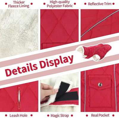 Malier Dog Winter Coat, Windproof Dog Cold Weather Coats with Real Pocket, Winter Extra Warm Pet Coat Fleece Jacket Reflective Clothes for Small Medium Large Dogs and Puppy (Red, XXX-Large)
