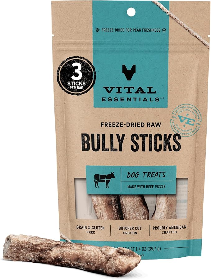 Freeze Dried Bully Sticks Dog Treats | Premium Quality, Long Lasting | Grain Free Treats for Dogs, (3 Count) 1.4 oz Bag