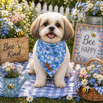 Floral Dog Bandana - Blue Wildflowers Dog Bandana for Puppy Kitten, Cute Small Dogs Neck Scarf Pet Bib, Soft Triangle Scarf Daily Pet Accessory S