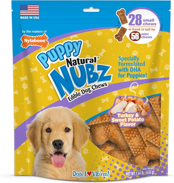 Nubz Natural Dog Chew Treats for Puppies, Long Lasting Dog Bones Made in USA, Puppy Training Treats, Turkey & Sweet Potato Flavor, for Small Dogs Up to 25 lbs. (28 Count)