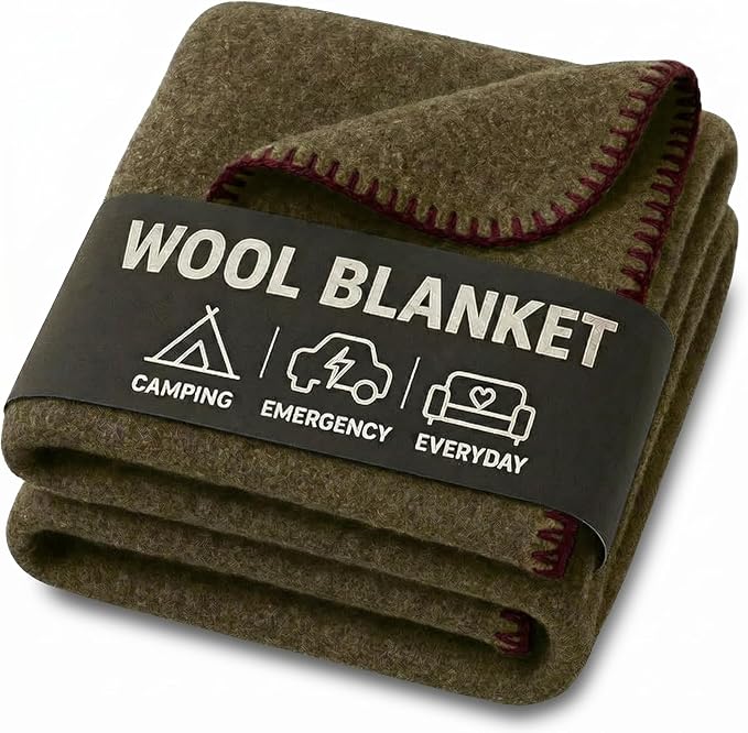 Wool Camping Blanket - 70% Wool Heavy-Duty Military Style Throw, Warm & Washable, Fire Retardant Cover for Emergency, Survival & Outdoor Use - Perfect for Camping, Car, Home & Hiking, Olive 66x90