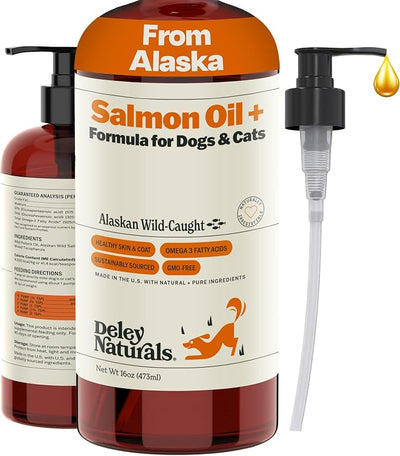 Deley Naturals Wild Alaskan Salmon Oil for Dogs & Cats - New and Improved Salmon Oil Plus Formula - Fish Oil for Dogs with Omega 3, DHA and EPA - Omega 3 for Healthy Skin and Coat - 16oz Made in USA