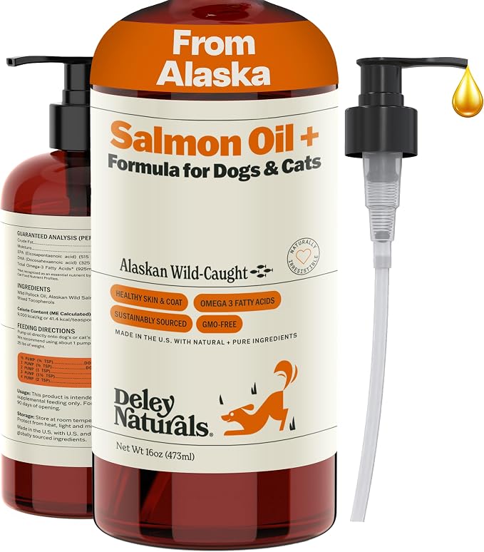 Wild Alaskan Salmon Oil for Dogs & Cats - New and Improved Salmon Oil Plus Formula - Fish Oil for Dogs with Omega 3, DHA and EPA - Omega 3 for Healthy Skin and Coat - 16oz Made in USA