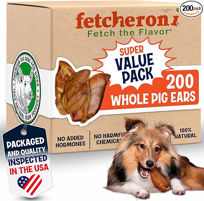 FETCHERONI Whole Pig Ears for Dogs Large - 200 Pack Long Lasting Dog Chews – One Ingredient Delicious All Natural Flavor – Easy to Digest Dog Treats for Large Dogs - Great for Teeth and Gums