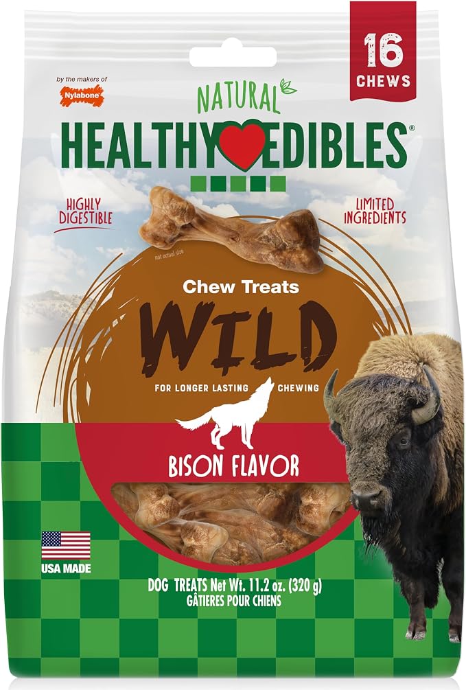 Healthy Edibles WILD Natural Dog Chew Treats, Bison Flavor, Small Dogs Up to 20 lbs - Made in USA (16 Count)