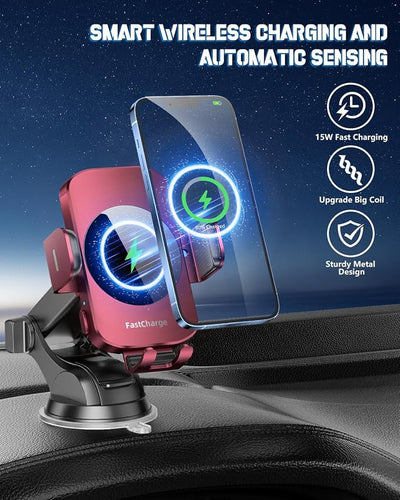 BothLin 3-in-1 Wireless Car Charger Mount, 15W Fast Charging Auto-Clamping Phone Holder for iPhone 17 16 15 14, Samsung Galaxy S24 S23, Dashboard, Vent & Windshield Car Mount(Deep Red)
