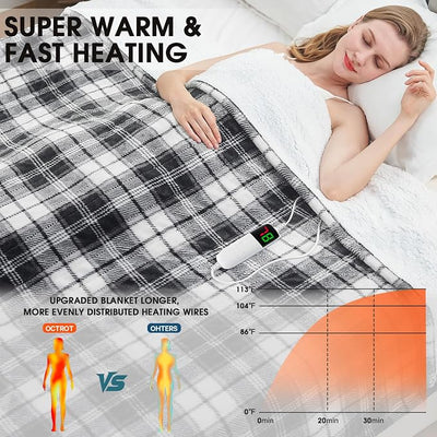 Black Heated Blanket Electric Twin Size,62X84 Heating Blanket with 10 Heats Levels&8 Hours Auto Off&Timer,Plaid Soft Sherpa Black Blankets Warmer Gift for Grandma Women Adult,Fast Heating Washable