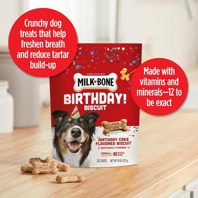 Milk-Bone Celebrate Birthday Cake Artificially Flavored Biscuits, Small Dog Treats, 8 oz. Bag (Pack of 6)