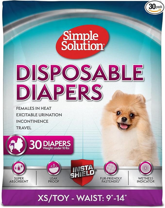 Simple Solution Disposable Dog Diapers, Female Dog Diapers, Puppy Potty Training, Incontinence and Heat Cycle Protection, Extra Small Diapers for Dogs, 9-14 Inch Waist, 30 Count