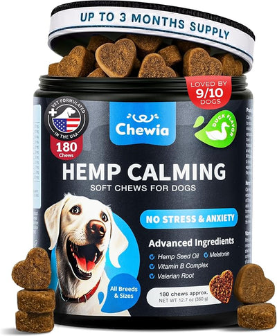 Hemp Calming Chews for Dogs Anxiety - Dog Calming Treats with Melatonin, Valerian Root, Chamomile Extract & Vitamin B Complex - Canine Chews for Vet Visits, Grooming, Travel, Thunderstorms, Fireworks