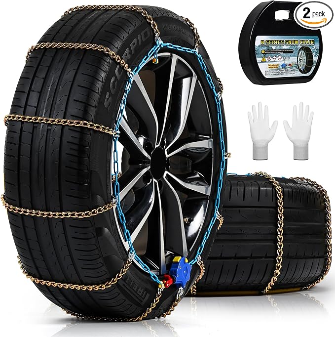 Auto Tightening Snow Chains for Cars, SUVs & Pickup Trucks – 1-Min Quick-Fit Auto Installation, Reusable Universal Emergency Traction Tire Chains – Set of 2（ALN120）