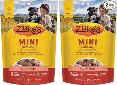 Zuke's Mini Naturals Dog Training Treats, Salmon Recipe, Soft Mini Dog Treats with Vitamins & Minerals, Made for All Breed Sizes (Salmon, 16 Ounce (Pack of 2)
