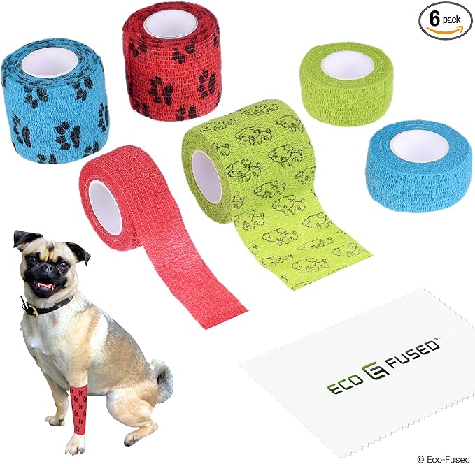 Self Adhering Bandage - Injury Wrap Tape for Dogs - Pack of 6 - Supports Muscles and Joints - Does not Stick to Hair - Elastic, Water Repellent, Breathable - Relieves Stress (for Dogs)