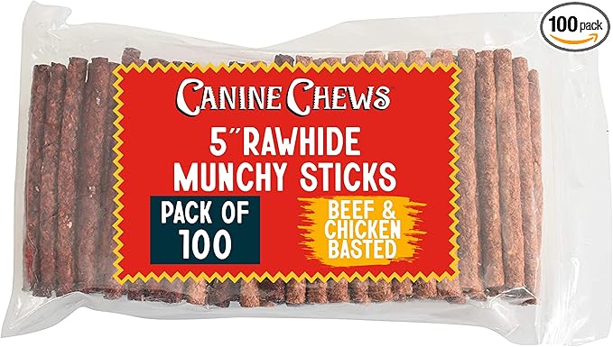 5" Munchy Rawhide Sticks for Small Dogs Munchy Dog Treat Sticks 100 Pack (Beef & Chicken)