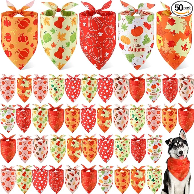 50 Pcs Thanksgiving Fall Dog Bandanas Bulk Pumpkin Maple Leaves Autumn Bandanas for Bibs Adjustable Scarf for Small Medium Large Pets Cats Costume(Leaves Pattern, 31.5 x 21.7 X21.7 Inch)