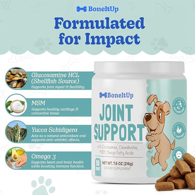 BoneItUp Soft Dog Joint Support Supplement Chews for Aging, Large & Overweight Pets - Glucosamine, Chondroitin, MSM & Omega - Advanced Hip & Joint Supplement for Dogs - Pet Bone Support Treats (90 Ct)