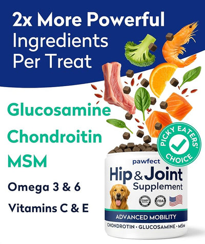 Advanced Glucosamine Dog Joint Treats, Mobility, Chicken Flavor, 180Ct | Vet-Approved. Made in USA. Joint Support w/Chondroitin, MSM, Omega-3. For Picky Eaters. Joint Pain Relief, Advanced Formula