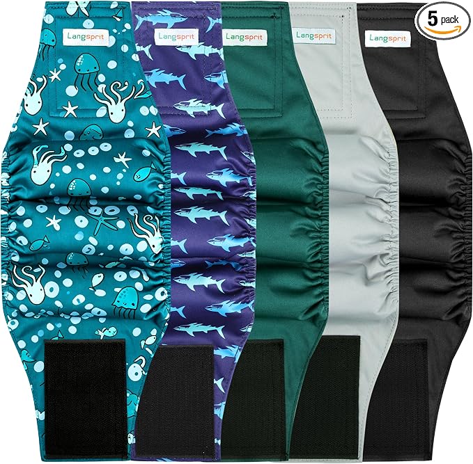 Langsprit Small Male Dog Diapers for Doggie Puppy,Reusable Belly Bands for Male Dogs Wraps,Washable Doggy Dog Diapers Medium Large in Incontinence 5 Pack (Brown, Green, Grey, Large)