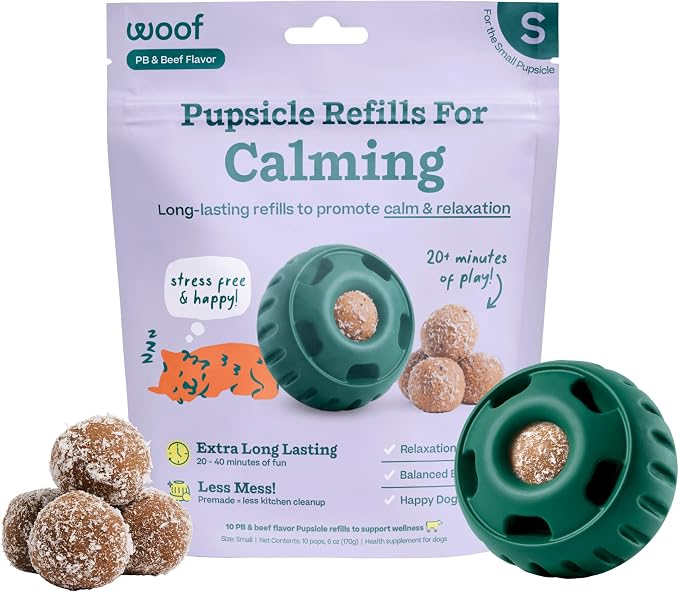 Pupsicle Calming Starter Kit - Pupsicle and Calming Pops Bundle - Long-Lasting Interactive Dog Toy, Low-Mess Design - 10 Refills with Thiamine, Tryptophan, Passion Flower for Small Dogs 10-25 lbs