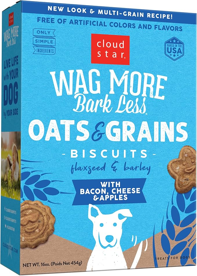 Wag More Bark Less - Dog Treats - Crunchy Biscuits - Oats & Grains Bacon, Cheese & Apples - 16 oz Box