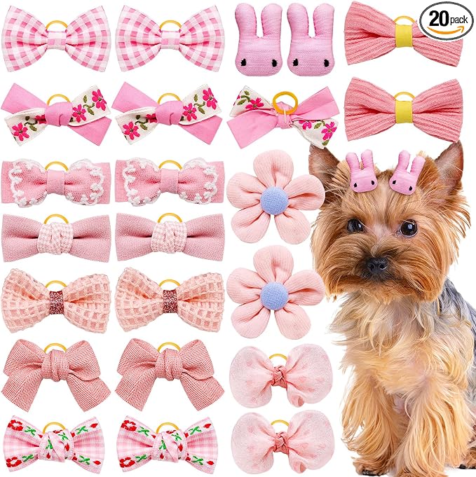 20Pcs Light Pink Small Dog Hair Bows with Rubber Bands, Handmade Puppy Grooming Bows Flower Ball Bowknot Top Knot Hair Accessories for Yorkie & Small Dogs