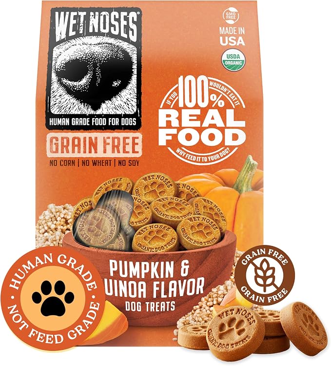 Wet Noses Organic Crunchy Dog Treats Grain Free – All-Natural, Human-Grade, Non-GMO, Healthy Training & Delicious Snacks for Dogs, for All Dog Sizes & Breeds – Pumpkin & Quinoa, 14oz (Single Pack)