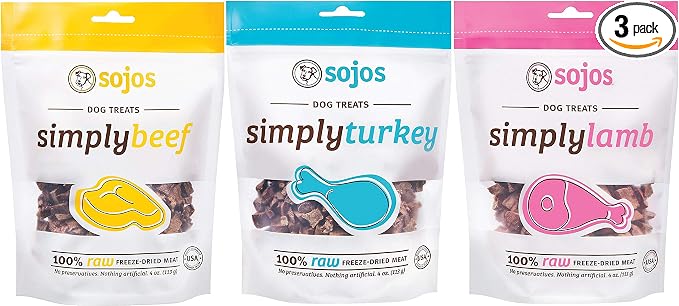 Sojos 100% Raw Freeze-Dried Meat Treats for Dogs - 3 Flavor Variety Bundle: Beef, Lamb, and Turkey