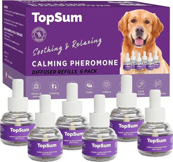 Calming Diffuser for Dog: Dog Pheromones Calming Diffuser Plug for Stress, Barking, Chewing, Pee Accidents & Separation Behaviors (Purple– 6 Refills)