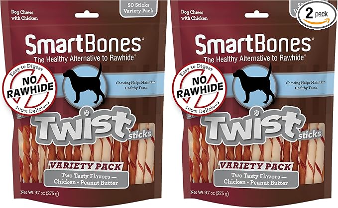 SmartBones Twist Sticks,Treat Your Dog to a Rawhide-Free Chew Made with Real Chicken and Vegetables,(Pack of 100)