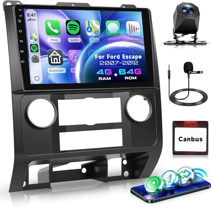 4G+64G Android 15 Car Stereo for Ford Escape/Kuga/Mazda Tribute 2007-2012, Rimoody 9" IPS Touchscreen Radio with Wireless Carplay Android Auto GPS/32 EQ/Bluetooth 5.0/5Ghz WiFi/AHD Backup Camera/SWC