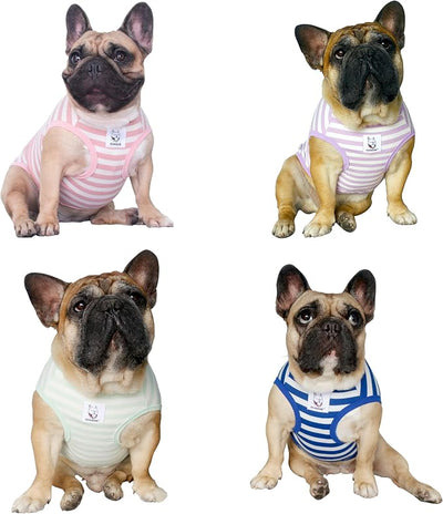 iChoue 4pcs French Bulldog Striped Shirts 100% Breathable Cotton Tank Tops Vests Clothes for Frenchie Dogs, Pink Purple Green Blue, Large