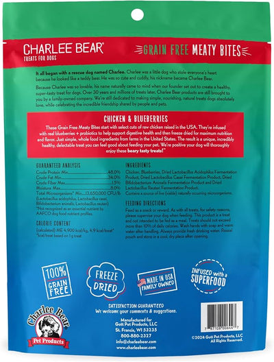 Charlee Bear Grain Free Freeze-Dried Dog Treats, Chicken & Blueberries, High Protein, Limited Ingredient Training Treats or Meal Topper, 2.25 oz, Made in USA