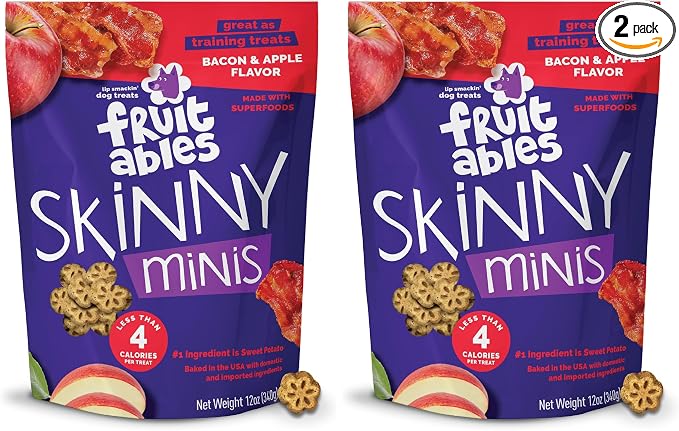 Skinny Mini Dog Treats, Healthy Sweet Potato Treat for Dogs, Low Calorie & Delicious, Puppy Training, No Wheat, Corn or Soy, Made in the USA, Bacon and Apple Flavor, 12oz (Pack of 2)