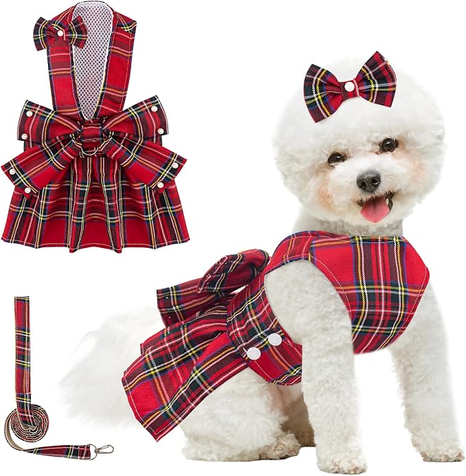 Coppthinktu Plaid Dog Dresses for Small Dogs Girl Bowknot Harness Leash Set, Cute Small Dog Dress Harness Cat Clothes Female with Pearl Bow Hair Clip, Summer Puppy Dress Yorkies Chihuahua Outfits