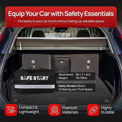 Safe Start Car Emergency Kit - Car Safety Kit with First Aid, Safety Hammer, Reflectors, Gloves, Ice Shovel - Compact Roadside Tool Kit for Repairs, Snow, Accidents - Protect Your Family on the Road